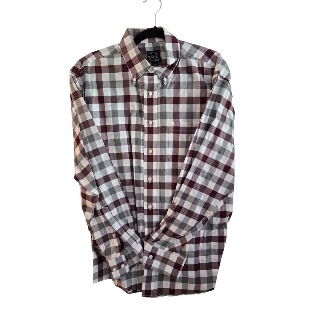 Jos A Bank Mens Large Red Plaid Long Sleeve Button Down Traveler Tailored Shirt